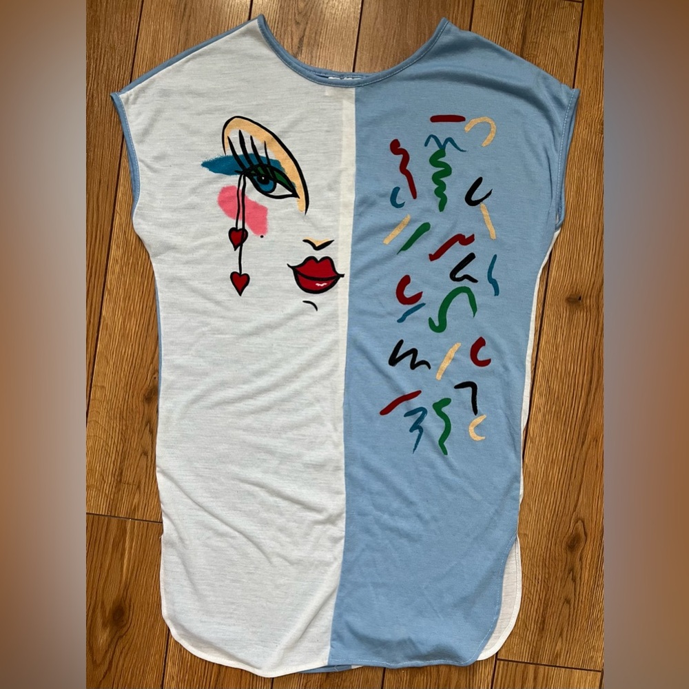 VTG 70s Paramount New York Nightgown - Blue, White + Glam Face | Sz: M - no tag